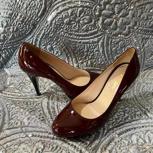 $950 Sz 8 Prada Women Patent Leather Burgundy Platform Pumps US 8/38.5 4" heel